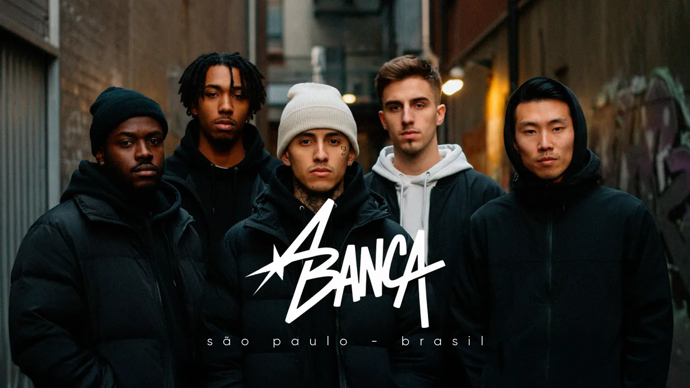 Identidade visual ABANCA aplicada em foto com modelos